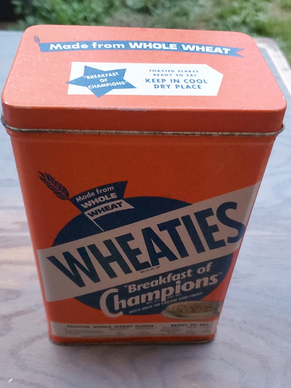 Vintage Wheaties Orange and Blue Metal Storage Tin